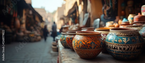 Colorful, ornate pottery displayed in a bustling marketplace. photo