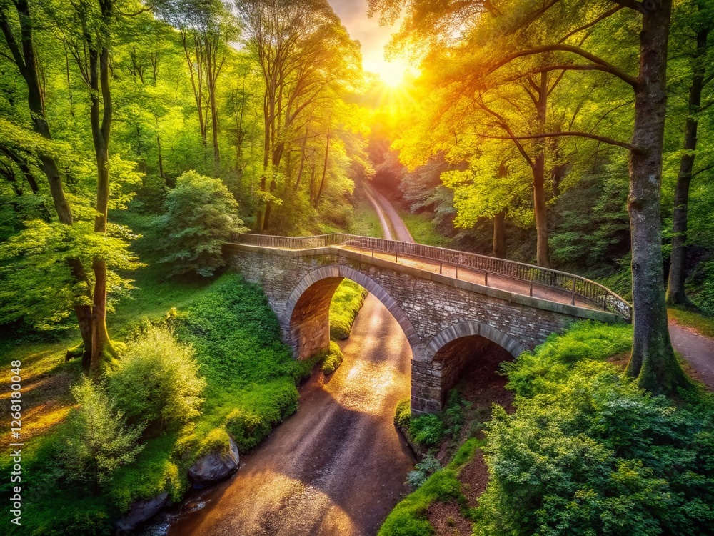 Drone View: Forest Path Under Bridge - Serene Nature Scene Drone View: Forest Path Under Bridge - Serene Nature Scene
