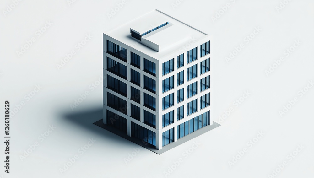 Isometric view of a modern white building with blue windows, isolated on white background. Isometric view of a modern white building with blue windows, isolated on white background.