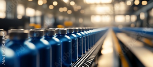 Rows of blue bottles move along a conveyor belt in a factory.