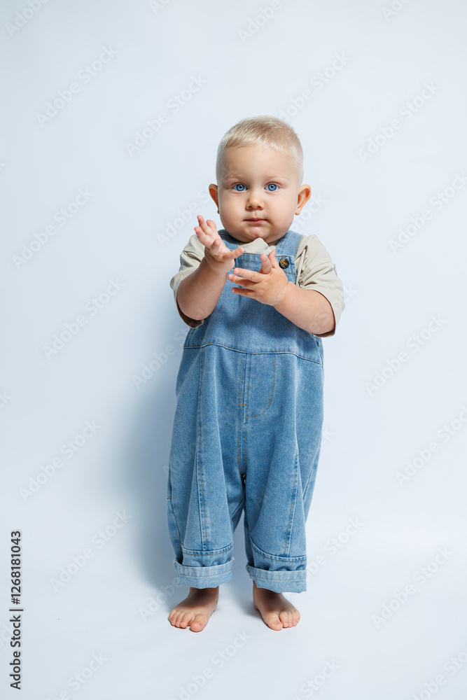 An adorable and cute toddler wearing denim overalls, posed against a simple background An adorable and cute toddler wearing denim overalls, posed against a simple background