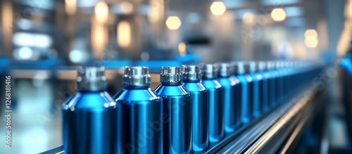 Blue bottles moving on a conveyor belt in a factory.