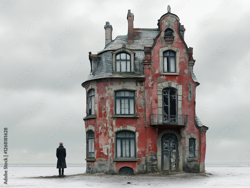 Obraz premium Unreal, stunning dwelling, with smooth lines on a picturesque background. With a human silhouette nearby. Dream house, concept. Generative Ai
