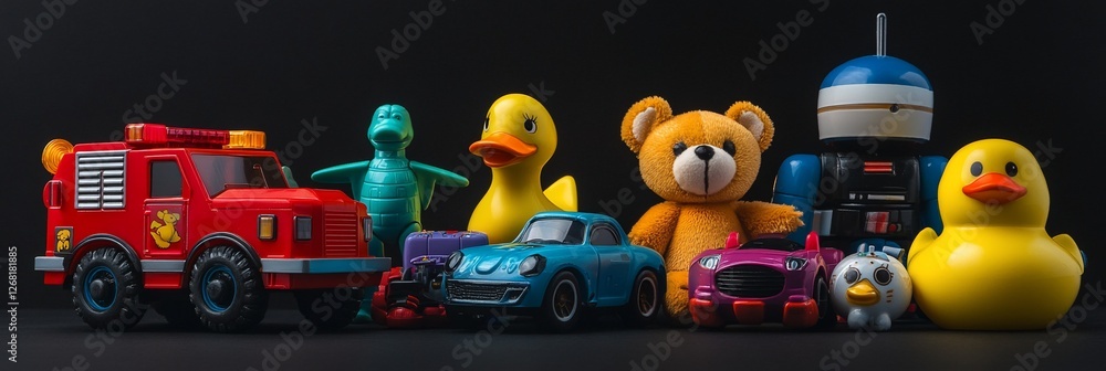 Fototapeta premium Colorful collection of children's toys including a firetruck, cars, teddy bear, duck, and robot, set against a black background.