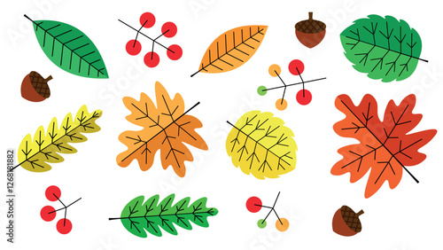 Set of autumn leaves. Pine cone and leaves. Flat style vector illustration