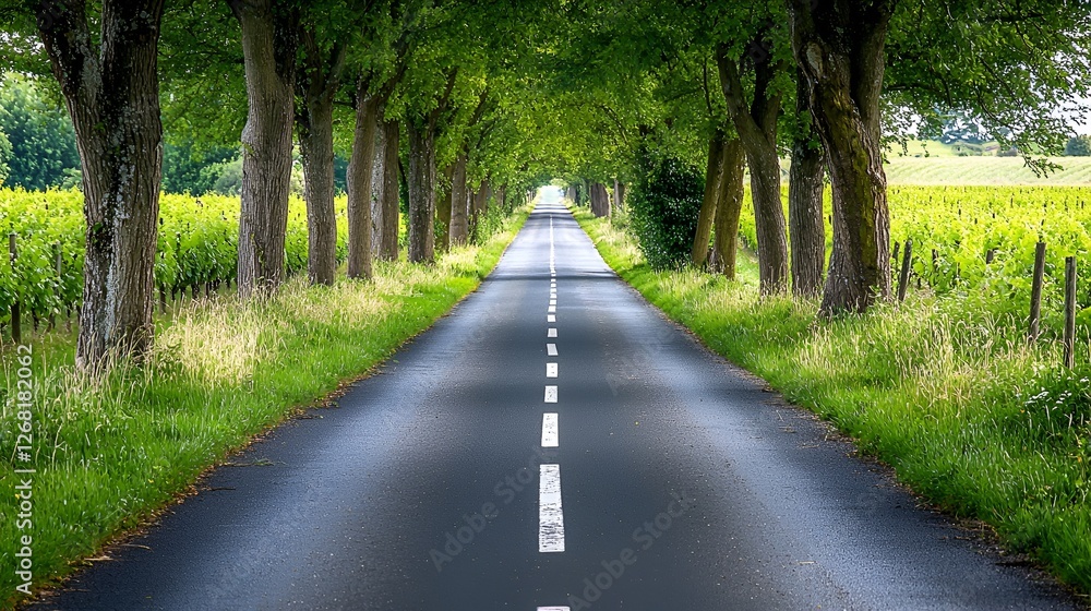 Country road lined with trees, leading to horizon.  Use Travel, nature