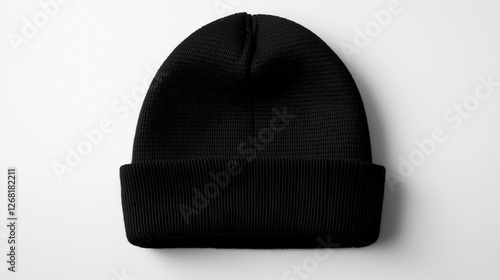 a close up of  blank fashioned black  beanie winter  hat showcased made of wool isolated on gray background 