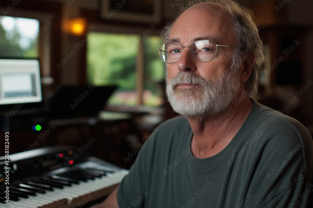 Musician reflects thoughtfully while composing in a cozy home studio setting Musician reflects thoughtfully while composing in a cozy home studio setting