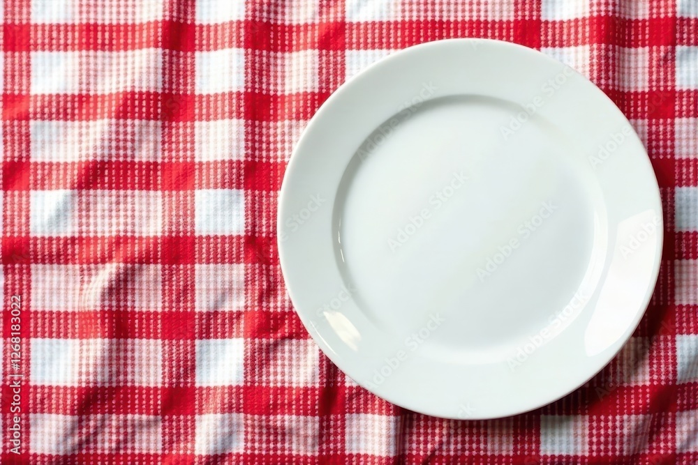 Clean white plate on red and white checkered tablecloth , gingham, still life, empty plate Clean white plate on red and white checkered tablecloth , gingham, still life, empty plate