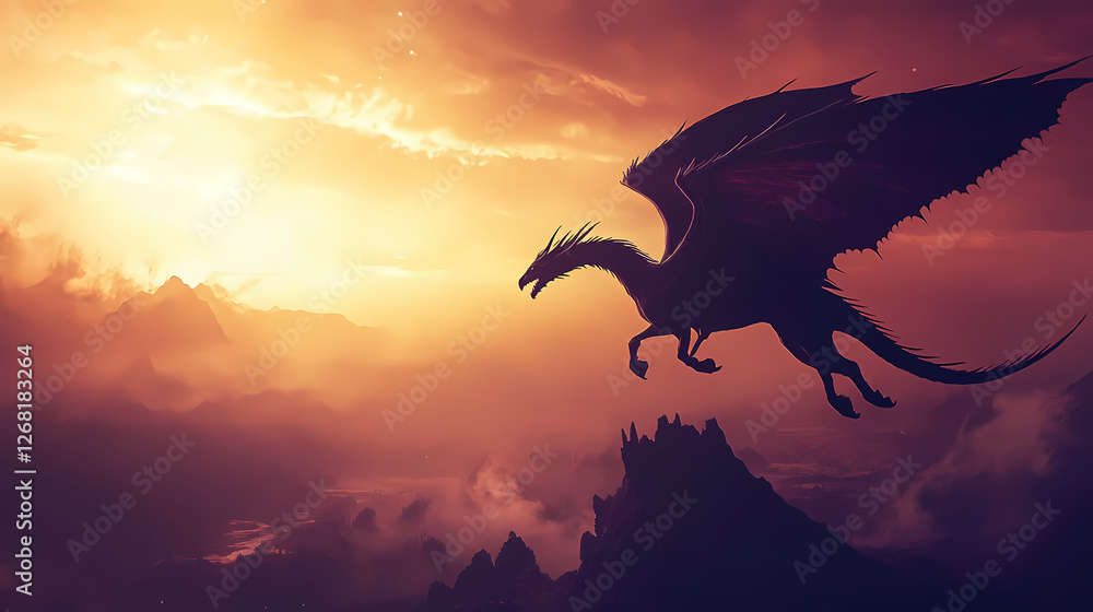 Dragon silhouette soaring through a fantasy landscape, a mythical beast with wings, reminiscent of a dinosaur, casting a dark shadow. Stormborne Pegasus. Illustration Dragon silhouette soaring through a fantasy landscape, a mythical beast with wings, reminiscent of a dinosaur, casting a dark shadow. Stormborne Pegasus. Illustration
