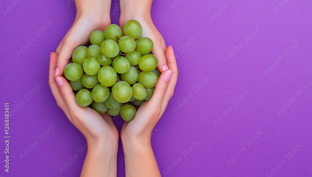 Two hands gently cradling a bunch of fresh green grapes against a vibrant purple background. Two hands gently cradling a bunch of fresh green grapes against a vibrant purple background.