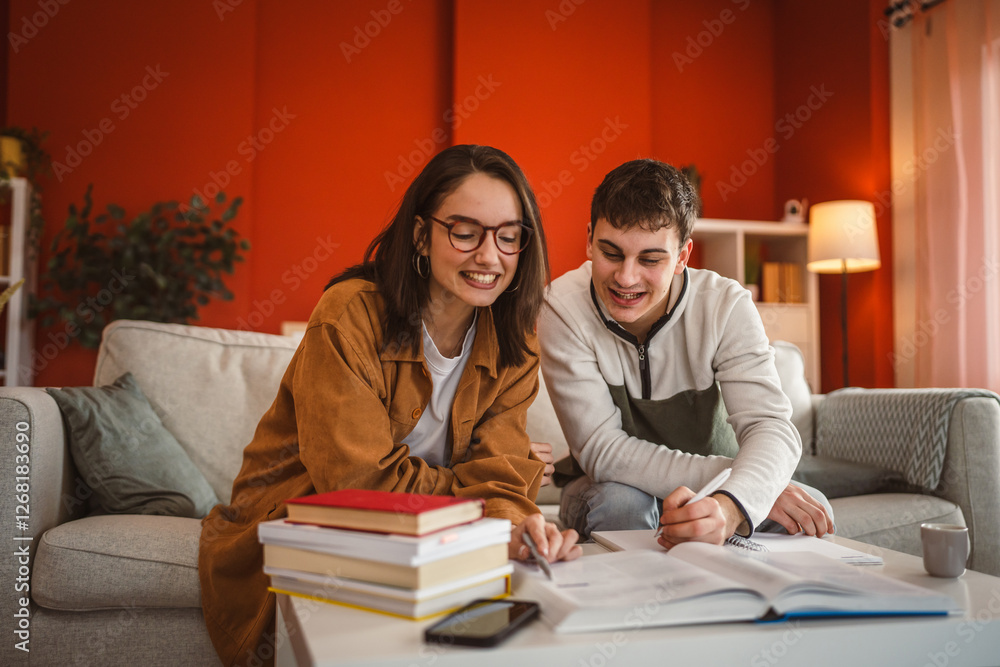 two students man and woman learn study while sit at home prepare exam