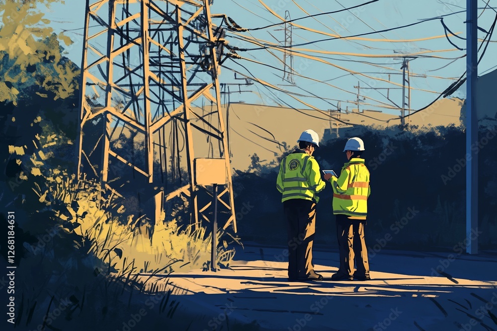 custom made wallpaper toronto digitalTwo workers in high-visibility vests converse near power lines during sunrise.