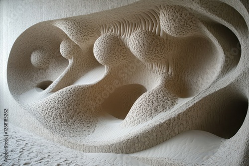 Abstract sculpted tunnel with spherical forms and sandy floor photo