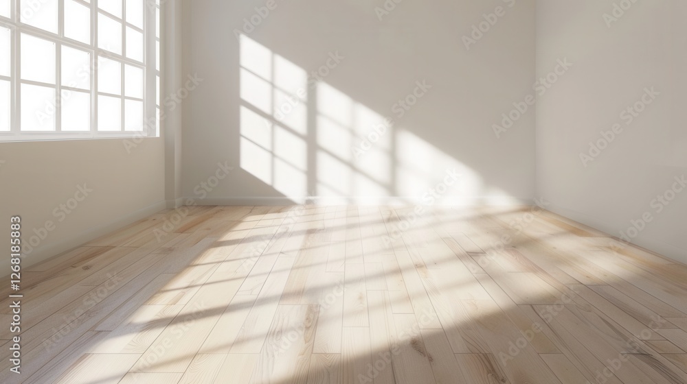 Bright minimalist studio room diffused sunlight creating soft subtle shadows on white walls and light wood flooring stands. Bright minimalist studio room diffused sunlight creating soft subtle shadows on white walls and light wood flooring stands.