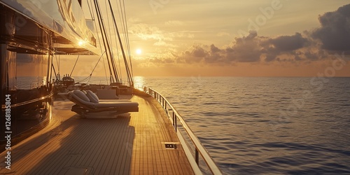 Sunset yacht deck scene with lounge chair, ocean view.