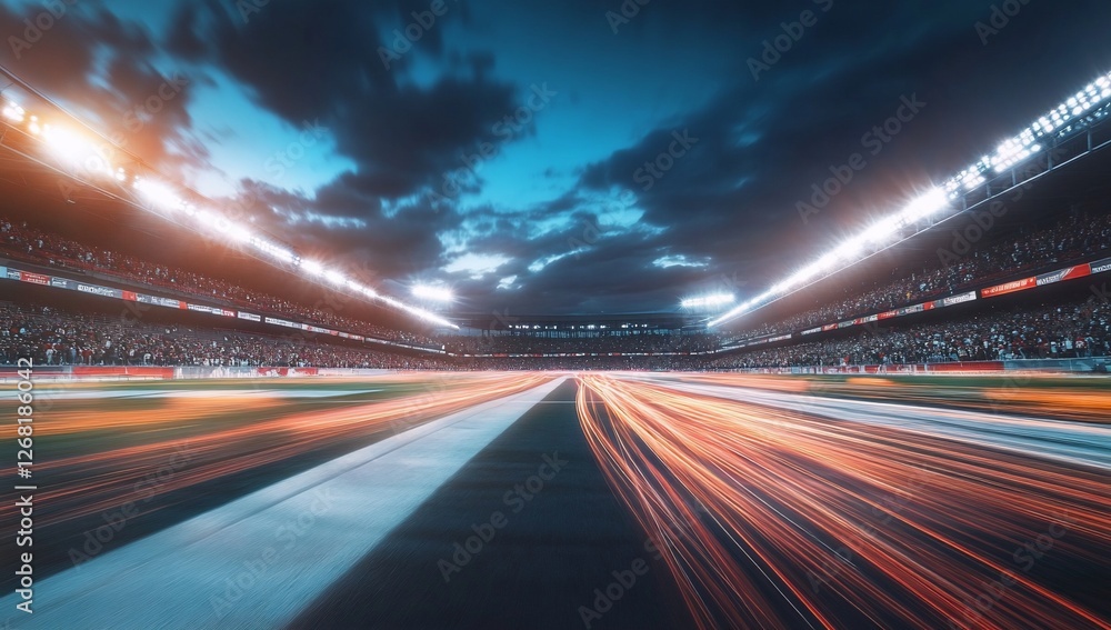 Night race track with blurred light trails and full stadium. Night race track with blurred light trails and full stadium.
