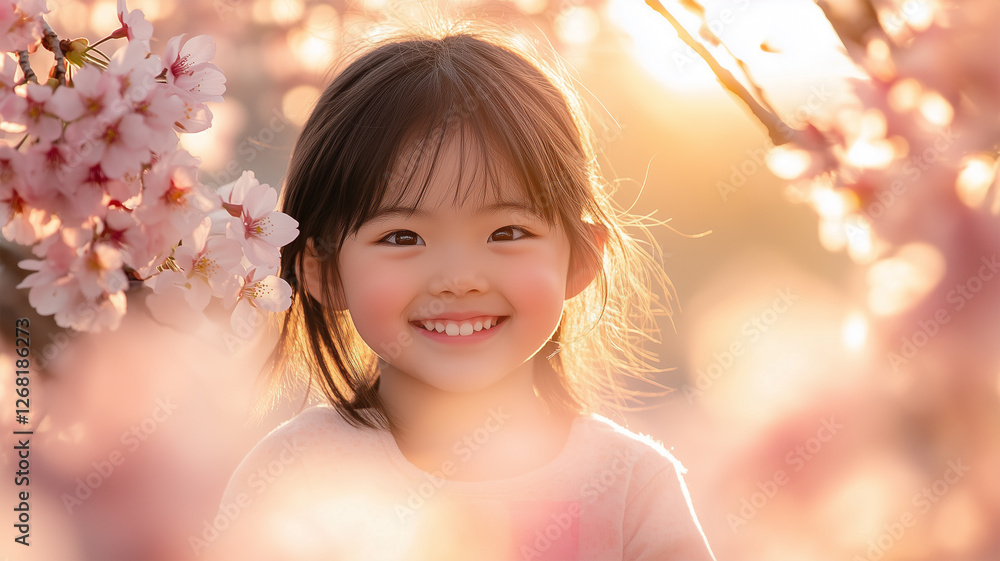Fototapeta premium 桜の枝越しにこぼれる小学生の優しい笑顔