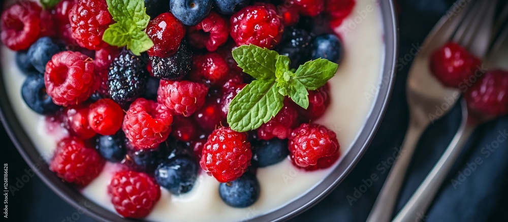 Bowl of yogurt with fresh raspberries, blueberries, and blackberries, garnished with mint. Bowl of yogurt with fresh raspberries, blueberries, and blackberries, garnished with mint.