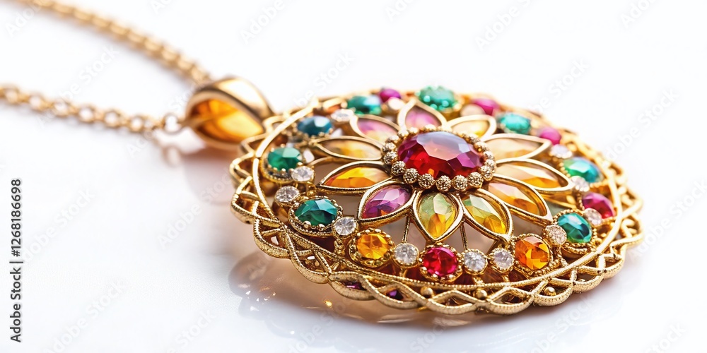 Fototapeta premium Elegant Silver Pendant Necklace Close-up on White, Luxury Jewelry Photography