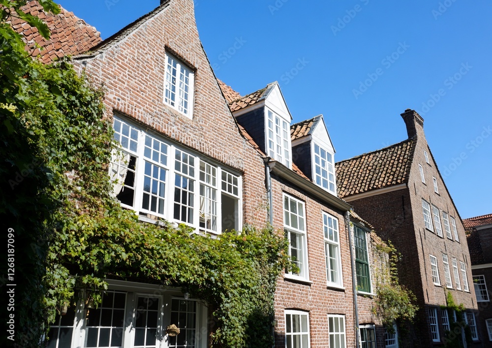 Fototapeta premium European brick houses with ivy and blue sky