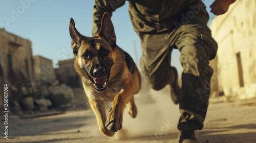 Soldier and German Shepherd run, desert mission, dust, ruins photo