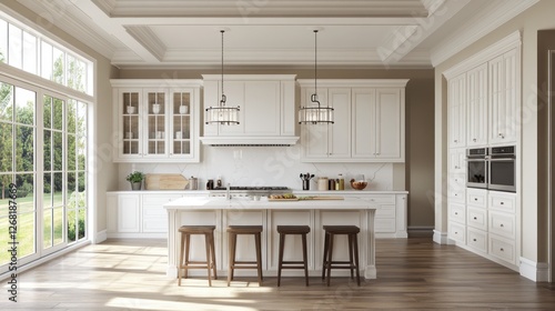 Sunlit luxury kitchen island, French doors, garden view, home design
