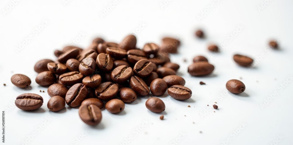 Naklejka premium Scattered coffee beans on pristine white backdrop , energy, gourmet, coffee