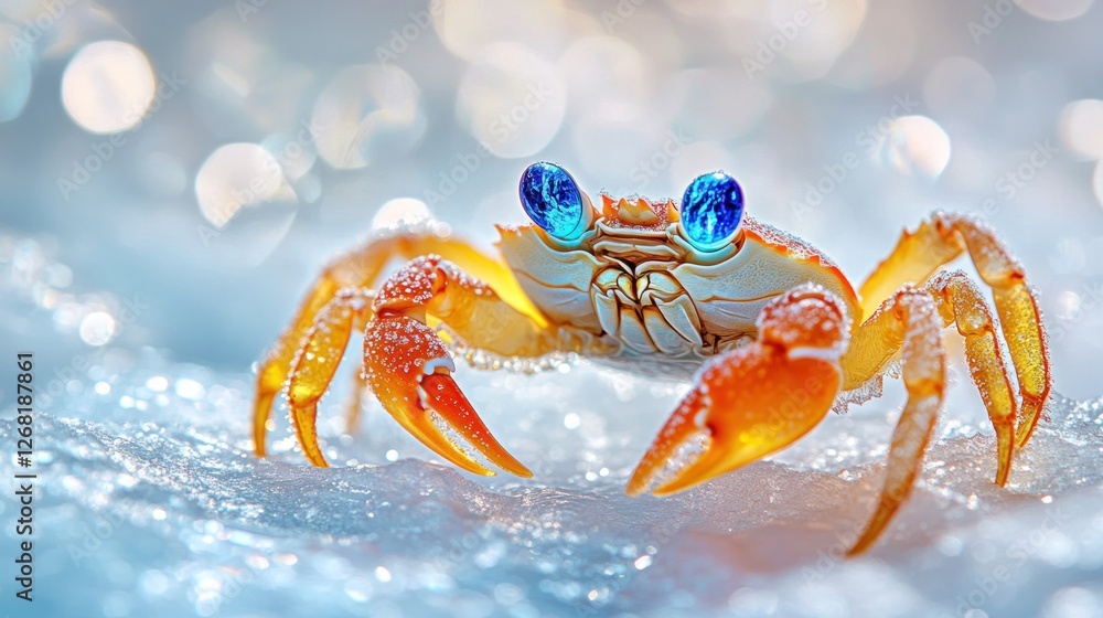 Orange crab with blue eyes on ice, bokeh background; coastal wildlife Orange crab with blue eyes on ice, bokeh background; coastal wildlife