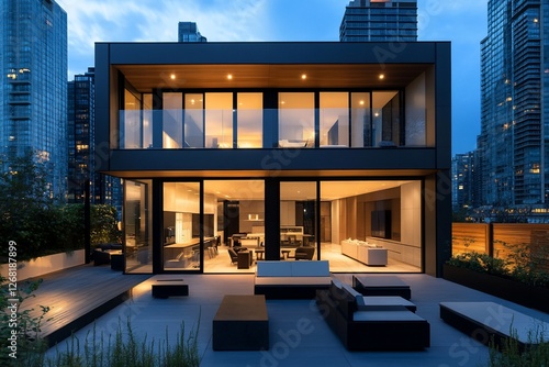 Modern luxury home with city view, illuminated at night, showcasing spacious interior and outdoor terrace.