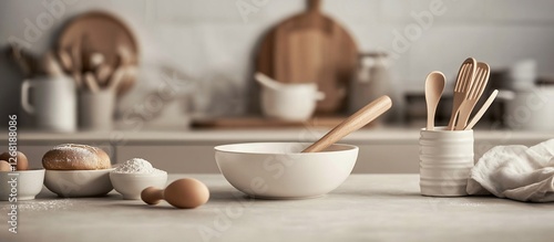 Kitchen scene with baking ingredients, utensils, and bowls on a countertop.