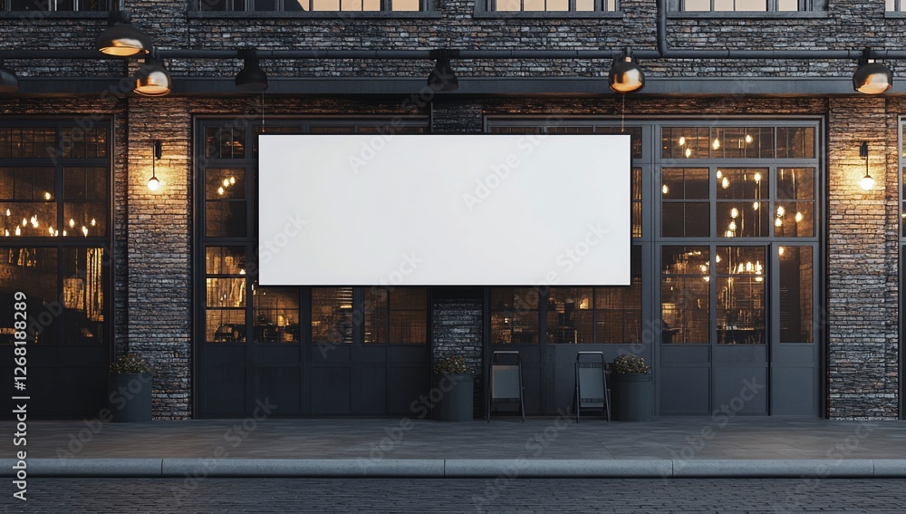 Blank billboard on brick building facade at night, showcasing advertisement space. Blank billboard on brick building facade at night, showcasing advertisement space.
