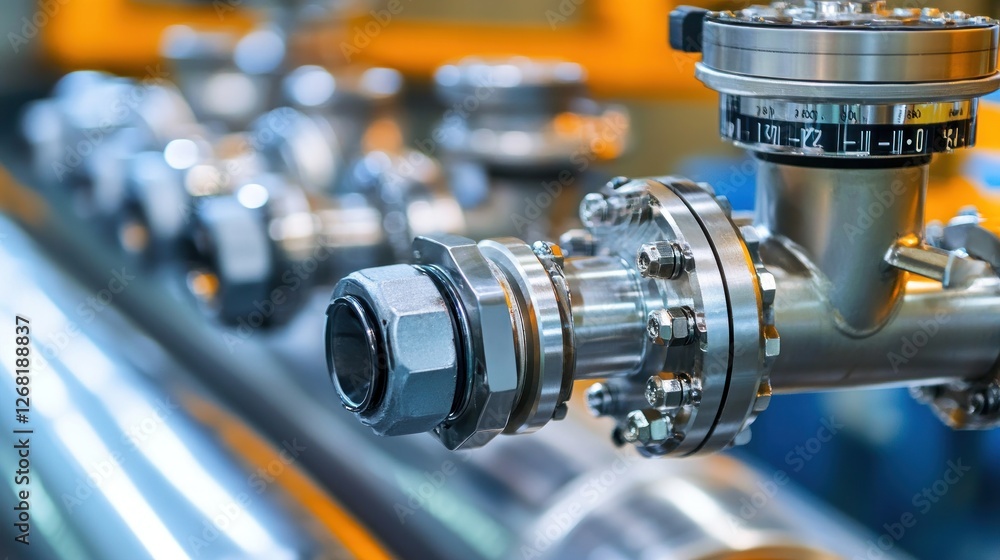 Fototapeta premium Stainless steel valve, industrial plant, close-up, piping system, manufacturing