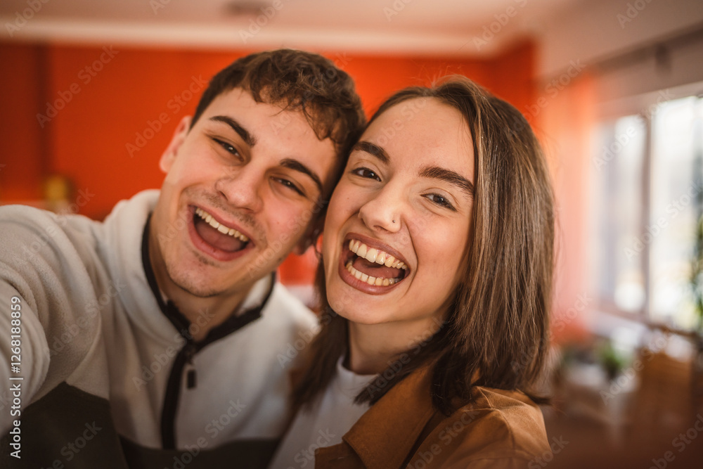 close up of self portrait happy young couple at home close up of self portrait happy young couple at home