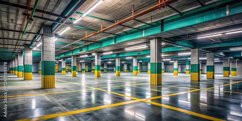 Obraz premium Empty Underground Parking Garage - Drone Interior Shot - Modern Architecture