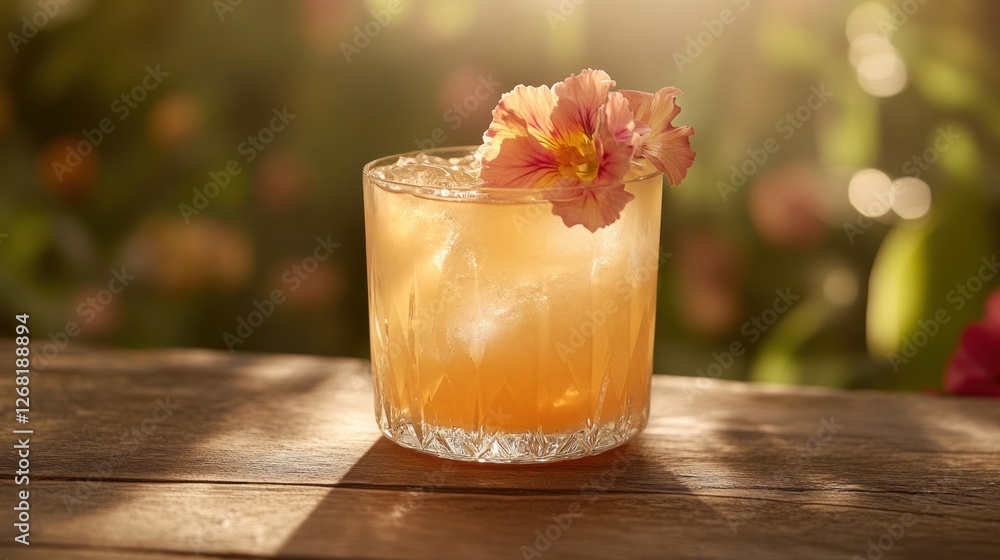 Iced cocktail, garden setting, summer sun, floral garnish, drinks menu