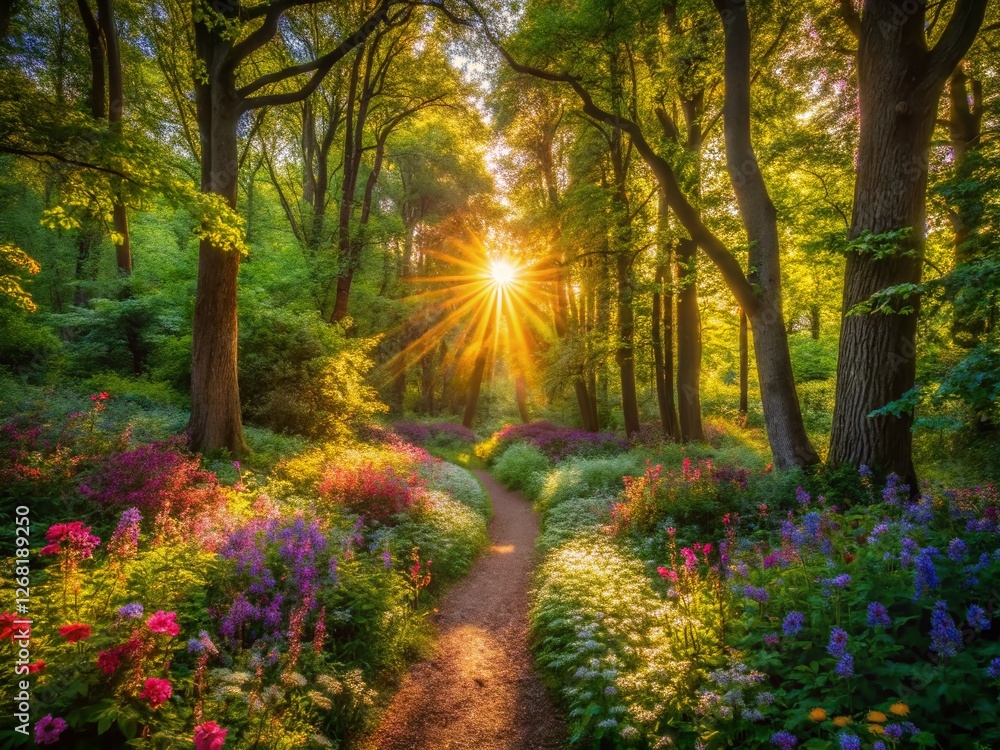 Naklejka premium Enchanted Forest Sunlight: Lush Green Trees & Wildflowers, Magical Nature Scene
