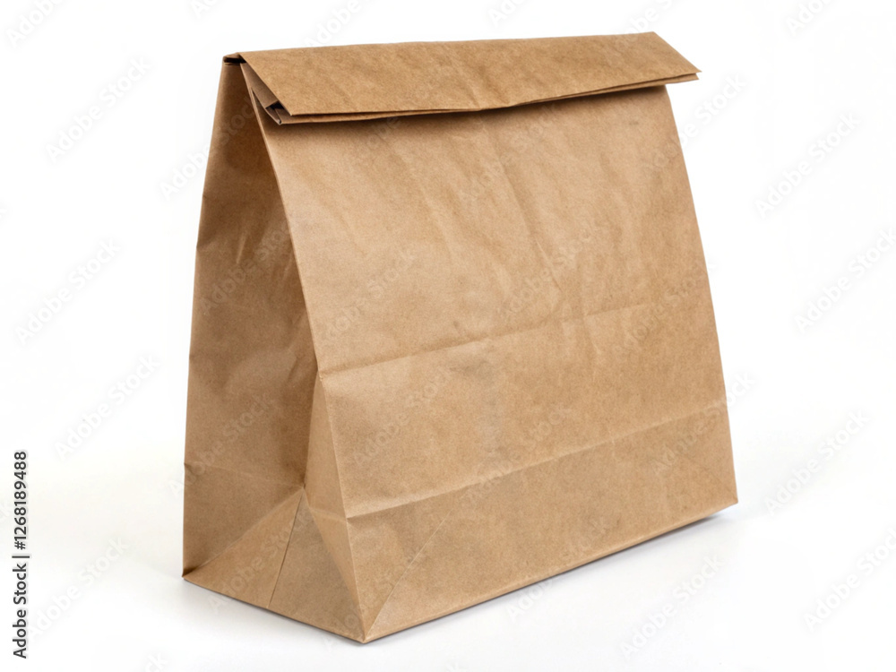 A brown paper lunch bag is shown, as might be used for takeout food packaging. The bag is folded shut at the top. isolated on white background A brown paper lunch bag is shown, as might be used for takeout food packaging. The bag is folded shut at the top. isolated on white background