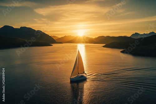 Sailboat sailing at sunset in a calm sea between mountains.