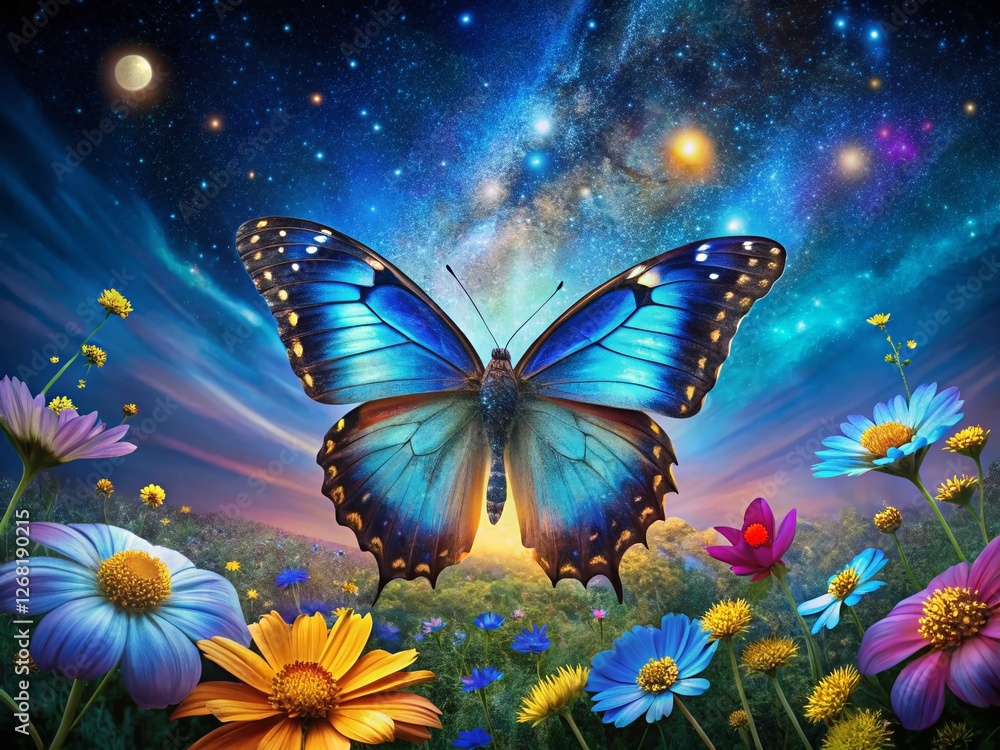 Ethereal Blue Morpho Butterfly on Earth, Starry Cosmos Flowers Ethereal Blue Morpho Butterfly on Earth, Starry Cosmos Flowers