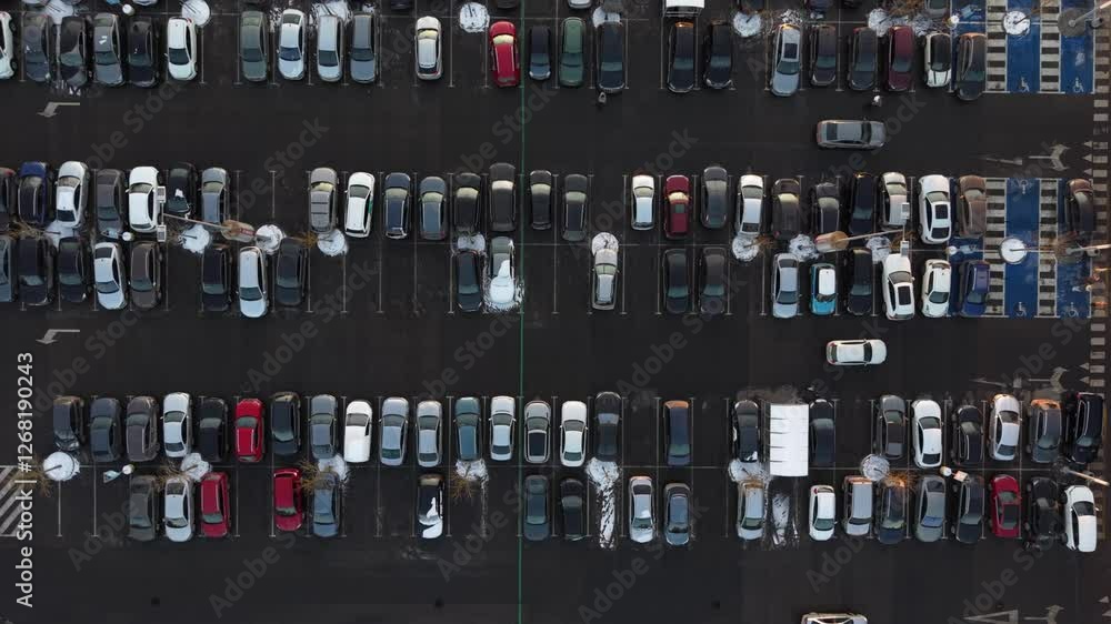 Top-down view of a crowded parking lot with various cars parked in neat rows, with patches of snow on the ground. Top-down view of a crowded parking lot with various cars parked in neat rows, with patches of snow on the ground.
