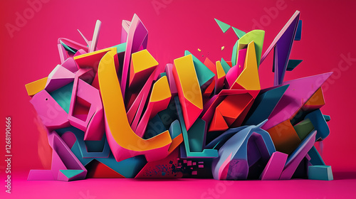Colorful 3D abstract geometric forms on vibrant pink background