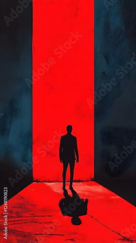 Mystical Silhouette: Exploring Shadows and Light in a Minimalist Graphic Art Scene with Depth, Emotion, and Eerie Allure in a Dramatic Hallway Pathway Design