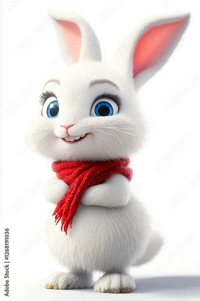 Fototapeta premium A white rabbit with blue eyes and a red scarf
