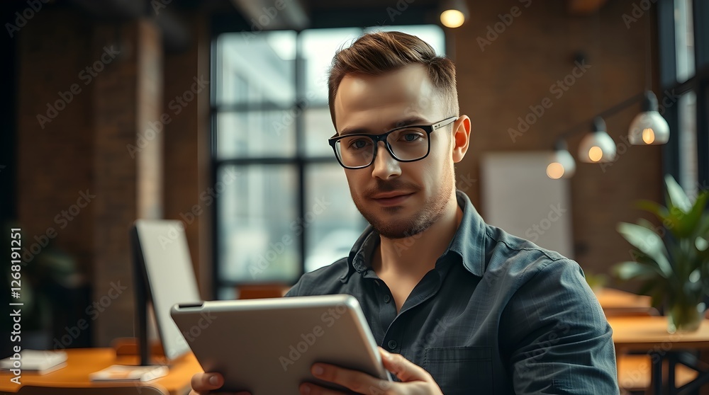 Contemporary Digital Nomad Working on Tablet ? Centered Eye-Level Shot with f2 Aperture and Realism Contemporary Digital Nomad Working on Tablet ? Centered Eye-Level Shot with f2 Aperture and Realism