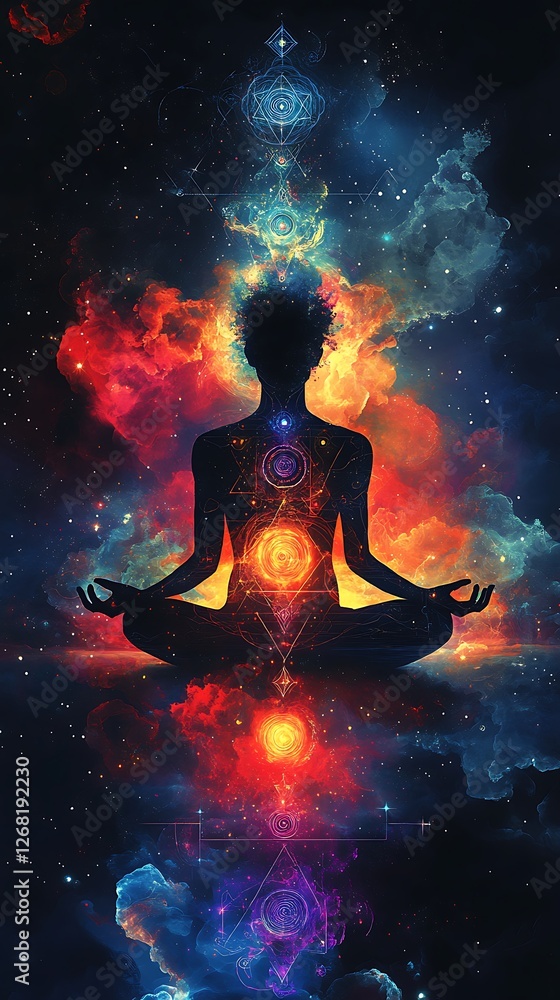 Mystical Meditative Figure With Radiant Chakra Energy And Colorful Aura Picture Mystical Meditative Figure With Radiant Chakra Energy And Colorful Aura Picture