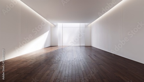 Wallpaper Mural Sunlight streams into an empty, minimalist room with a dark wood floor and bright white walls. Torontodigital.ca