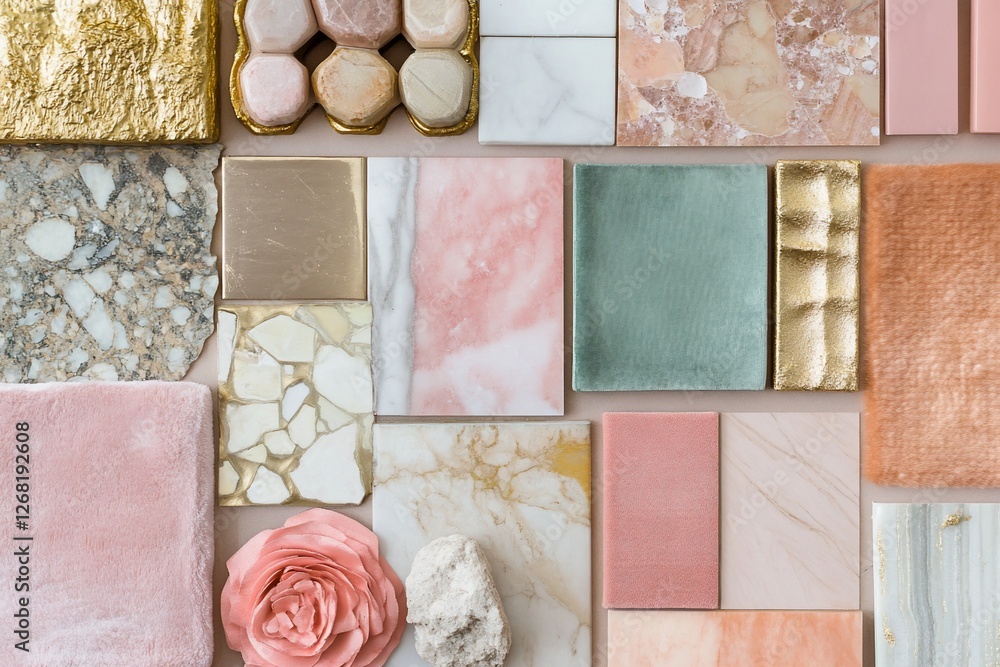 Fototapeta premium Flat lay of various pink, gold, and green marble, stone, and fabric samples.