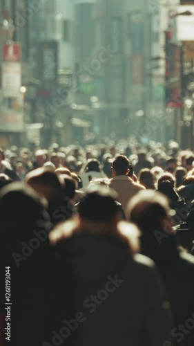 Vertical Video, many people walking on a high street, unrecognizable High Street shoppers in winter, Vintage grading