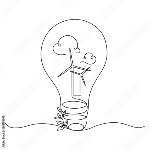 Green energy concept drawn by one line. Sketch. Continuous line drawing alternative energy. Editable stroke. Creative vector illustration in minimalist art.